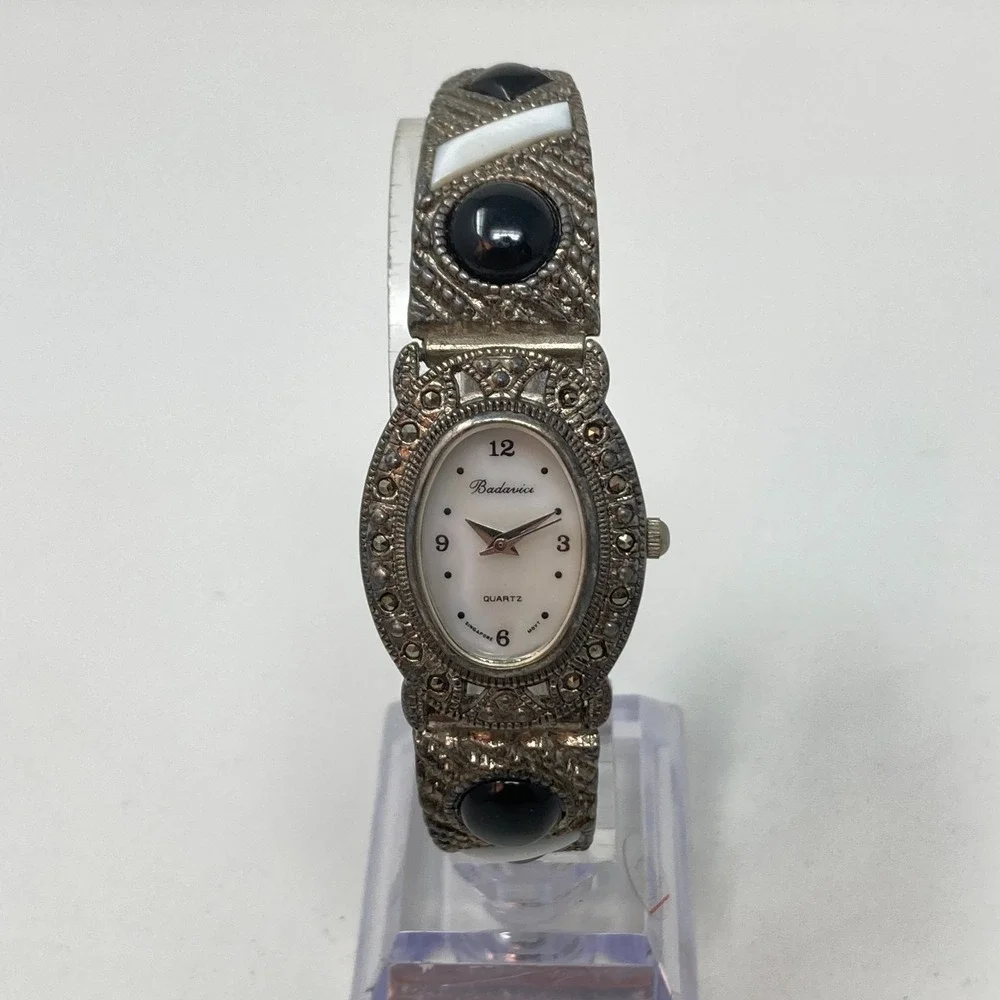 Vintage Badavici Women's Watch Marcasite 24mm Silver Tone MOP Cab New Battery 7